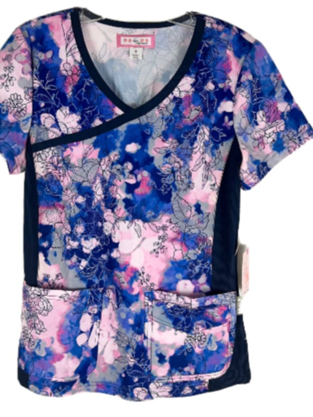 Koi Raquel Scrub Top Butterfly Montage Floral Mock Wrap #385PR